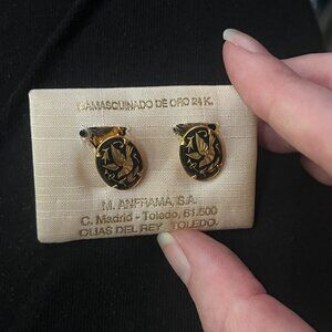 Vintage Anframa Damascene 24K Gold Plated Clip on Earrings Bird Design